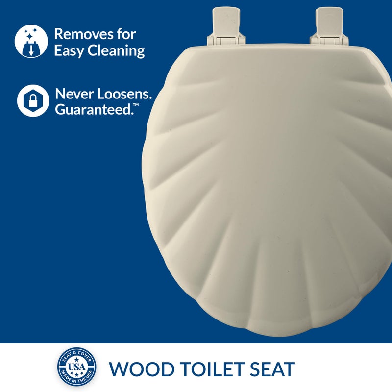 Mayfair Sculptured Shell Toilet Seat, Easy Clean Hinges with Durable Wood Seat, Made in USA, Round, Bone - Image 2